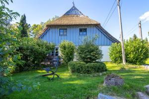 a blue house with a thatched roof at Lütt Stuuv am Dorfanger in Barth