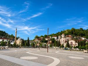 a street in a town with a mosque in the background at R&A Apartments in Berat