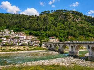 a bridge over a river in a town at R&A Apartments in Berat +16 photos