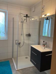 a bathroom with a shower with a sink and a shower at Ferienwohnung Keull in Coesfeld