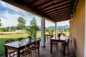un patio con tavoli, sedie e vista su un campo di Agriturismo Ai Linchi a Lucca