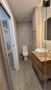 a bathroom with a white toilet and a sink at Rincón Mudejar in Teruel +25 photos