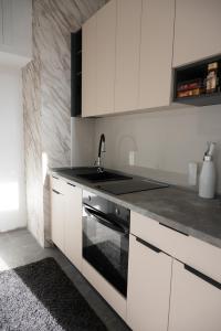 a white kitchen with a sink and a stove at Lux Atina Bač in Bač