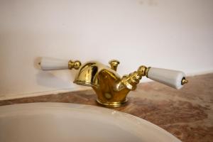 a bathroom sink with a gold faucet on a sink at Collector's Home in Braga +27 photos