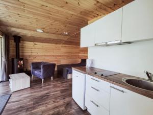 a kitchen with white cabinets and a living room with a fireplace at Trobelė miške in Palazdžiai +10 photos