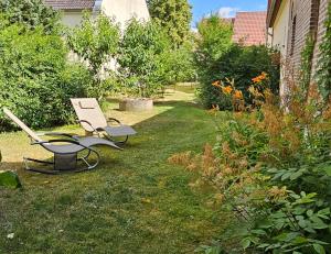 a garden with a chair and a table in the grass at Ferienhaus Pathe in Neuendorf bei Wendisch Buchholz