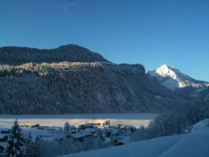 a snow covered mountain with a town and a lake at Apartment Marialis in Bizau