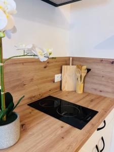 a kitchen counter with a cutting board with a stove at Raíces de Canillas Holiday Apartments in Canillas de Aceituno +66 photos