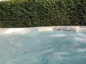 a bath tub filled with water next to a hedge at Lontargos OG Wohnung in Göhren-Lebbin