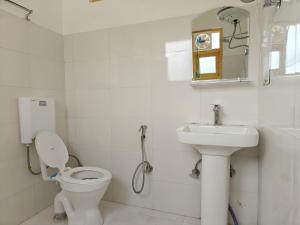 a white bathroom with a toilet and a sink at The Apricot Palace in Kargil +12 photos