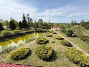 an aerial view of a garden with a pond at Willa u Bociana in Siemianówka +11 photos