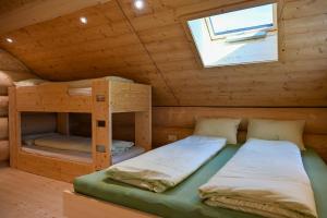 two bunk beds in a cabin with a window at Mein Refugium Relax Tiny Haus in Unteriberg