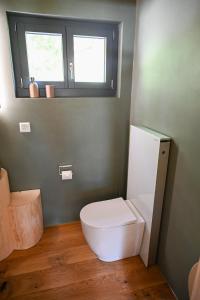a bathroom with a white toilet and a window at Mein Refugium Relax Tiny Haus in Unteriberg