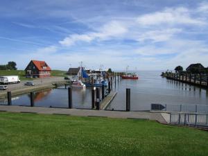 a dock with a boat in a body of water at Ferienwohnung Landliebe in Süderschweiburg
