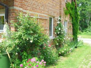 a brick house with flowers on the side of it at Ferienwohnung Stolz G in Ulrichshusen