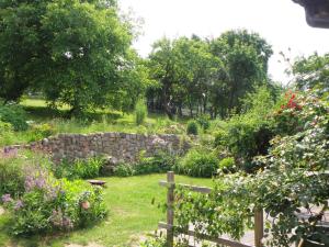 a garden with a stone wall and flowers at Ferienwohnung Stolz G in Ulrichshusen