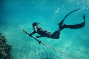 a person in the water with a mermaid tail at Ocean Camp in Al Qārin