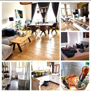 a collage of pictures of a living room and a kitchen at FeRo´s Ferienwohnung in Wernigerode