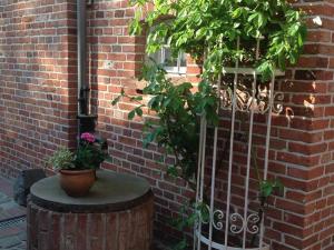 a brick wall with two potted plants on a barrel at Klaassen- Ferienhaus Up Warf in Emden