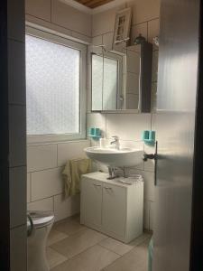 a bathroom with a sink and a toilet at Ferienhaus Ankerplatz in Bedekaspel