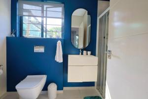 a blue bathroom with a toilet and a mirror at Breakers View in Sheffield Beach