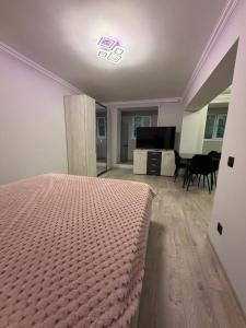 a bedroom with a bed and a living room at Apartament Rîșcani in Chişinău