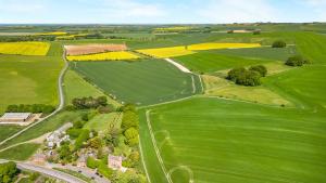 an aerial view of a green field with yellow flowers at West Kennett House in Marlborough