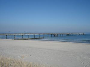 a beach with a pier in the water at Ferienwohnung Anker in Graal-Müritz