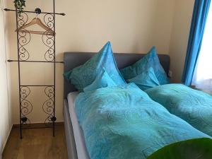 a bedroom with a bed with blue pillows at Ferienwohnung Sunseid n in Warngau