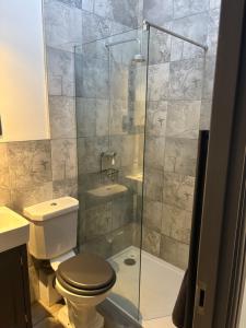 a bathroom with a toilet and a glass shower at Impressive City Centre Apartment in Derby