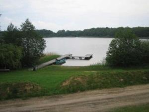 a view of a lake with a dock and a boat at Ferienwohnung am Kreßinsee in Strietfeld