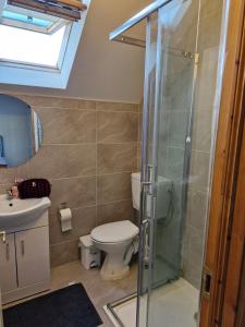 a bathroom with a toilet and a glass shower at Townhouse Sleeps 8 - Garden Wifi Free Parking in Belmullet