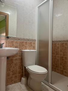 a bathroom with a toilet and a sink and a shower at Casa Gloria in Sasamón