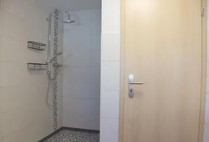 a shower with a glass door in a bathroom at Ferienhaus An der Riede in Bedekaspel