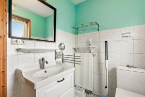 a bathroom with a sink and a mirror and a shower at Ferienwohnung Saustrup in Saustrup +44 photos