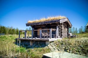 ein kleines Gebäude mit Grasdach auf einem Feld in der Unterkunft Ülase Riverside Lodge, Rural Retreat for 20 Guests, Private Smoke Sauna Available, Estonia in Lohu