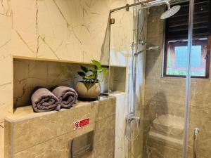 a bathroom with a shower with towels on a shelf at Jungle Breeze Villa in Melsiripura +67 photos