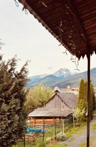 a building with a roof with mountains in the background at Apartmán Kristínka in Lendak