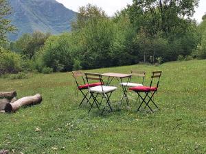three chairs and a table in a field at CASA Petra in Bituše