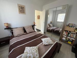 a bedroom with a large bed and a mirror at Gîte Ghislaine in Péaule