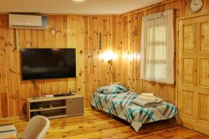 a bedroom with a bed and a flat screen tv at Kucica Enterprise-Ada Bojana in Ulcinj