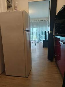 a kitchen with a white refrigerator in a room at Appartement T1 et petite terrasse in Artiguelouve
