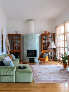 a living room with a green couch and a fireplace at Santa Barbara House in Ratiševina
