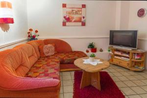 a living room with a couch and a television at Pension Haus Brückner in Wildemann