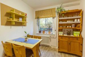 a kitchen with a table and chairs and a window at Pension Haus Brückner in Wildemann