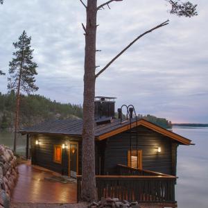 a cabin on the water with a tree at Hotel Krapi in Tuusula