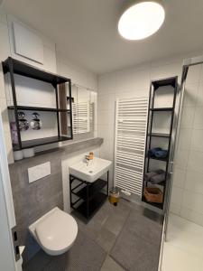 a bathroom with a white toilet and a sink at S22 Living in Weingarten (Karlsruhe)