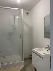 a white bathroom with a shower and a sink at Maison de campagne in Le Wast