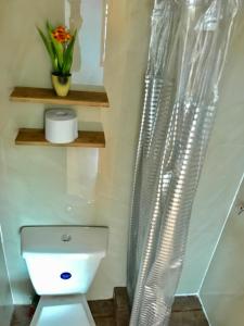 uma casa de banho com um WC e uma cortina de chuveiro em Tel Hauke Hostal em Punta Arenas