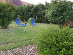 two blue chairs sitting in the grass in a yard at Pribbenower Ferienhaus in Pribbenow